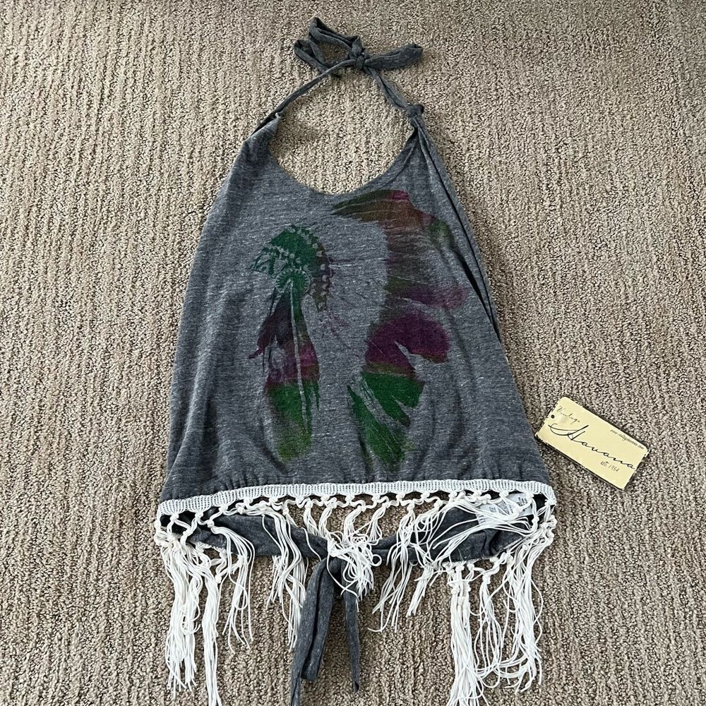 Vintage Havana Grey Boho Open back Halter Tank Top with Fringe